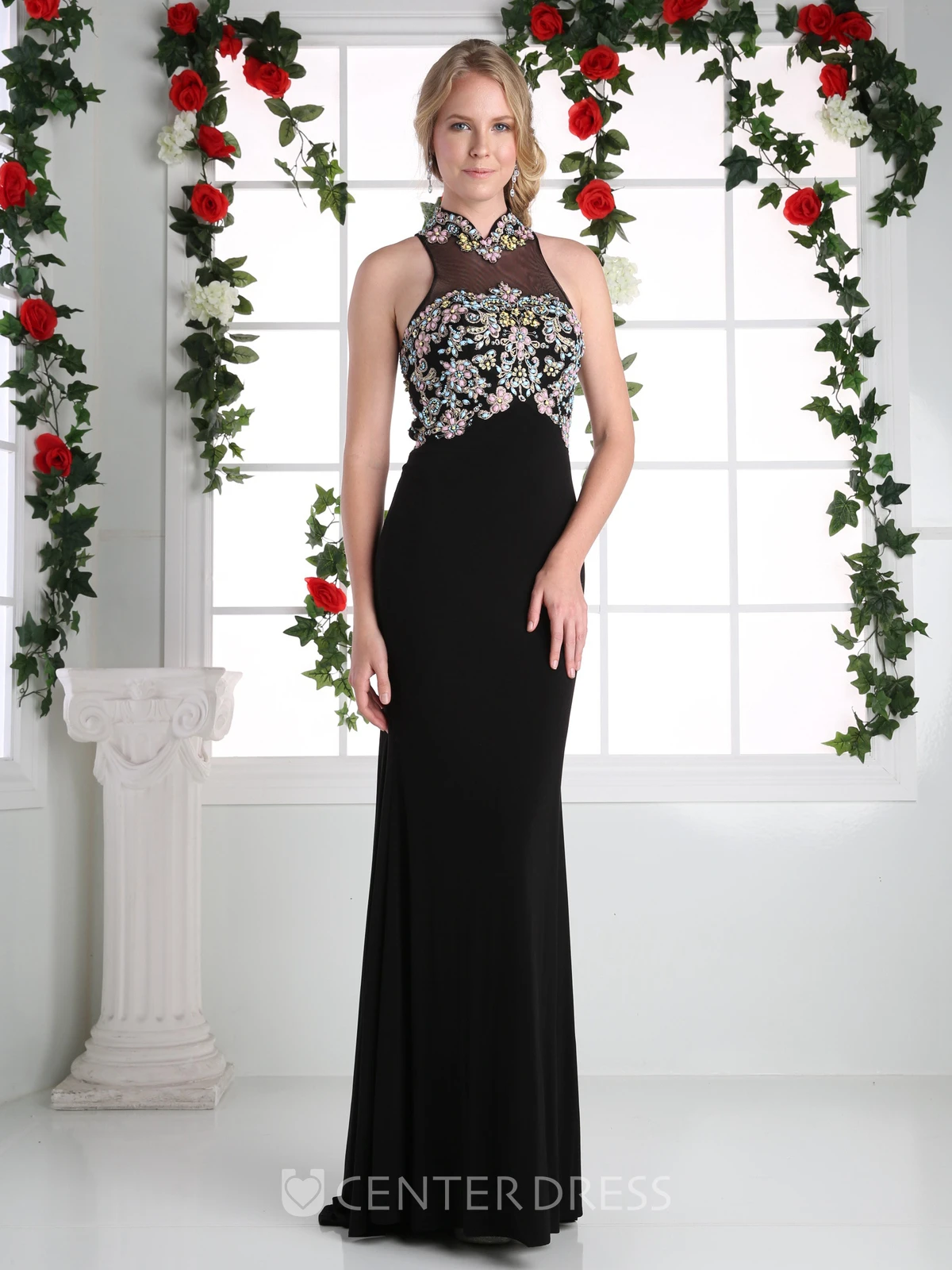 Keyhole Sheath High Neck Sleeveless Jersey Illusion Dress With Beading