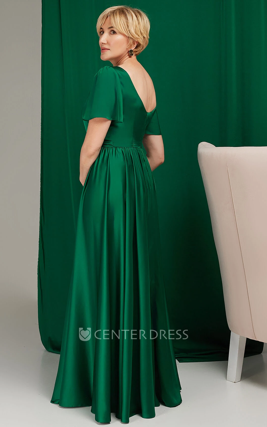 Simple A Line Bateau Satin Floor-length Low-V Back Mother of the Bride Dress with Split Front