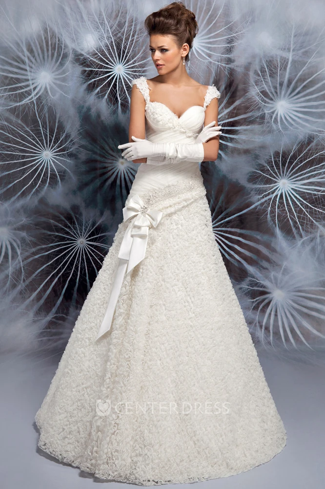 A-Line Ruffled Queen-Anne Floor-Length Wedding Dress With Criss Cross And Bow