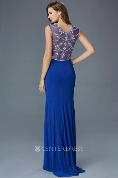 Sheath Scoop-Neck Sleeveless Jersey Illusion Dress With Beading And Split Front
