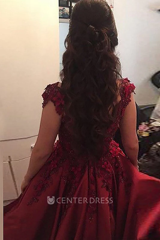 Cap Short Sleeve Floor-length A-Line Off-the-shoulder Satin Lace Dress