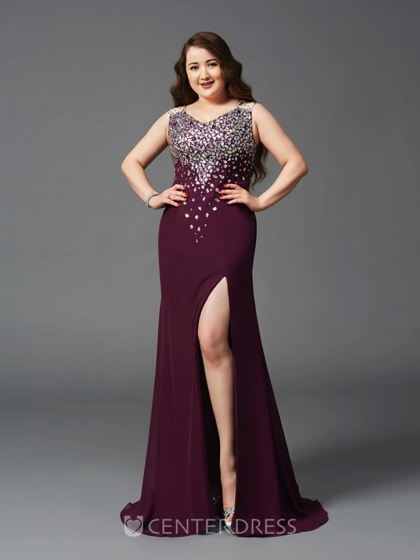 Sheath Floor-length V-neck Sleeveless Jersey Split Front Beading Illusion Dress