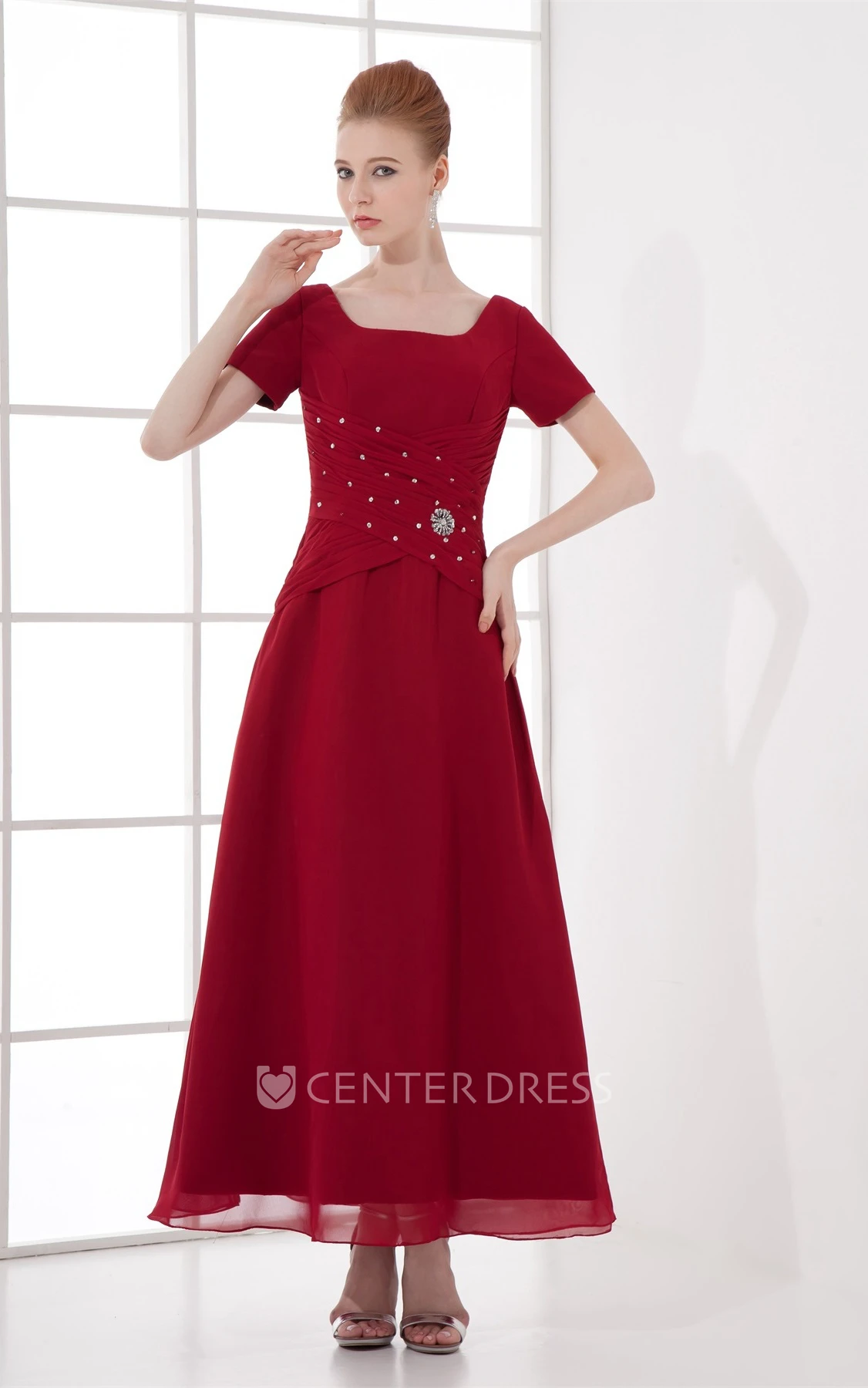 square-neck ankle-length short-sleeve dress with broach and ruching