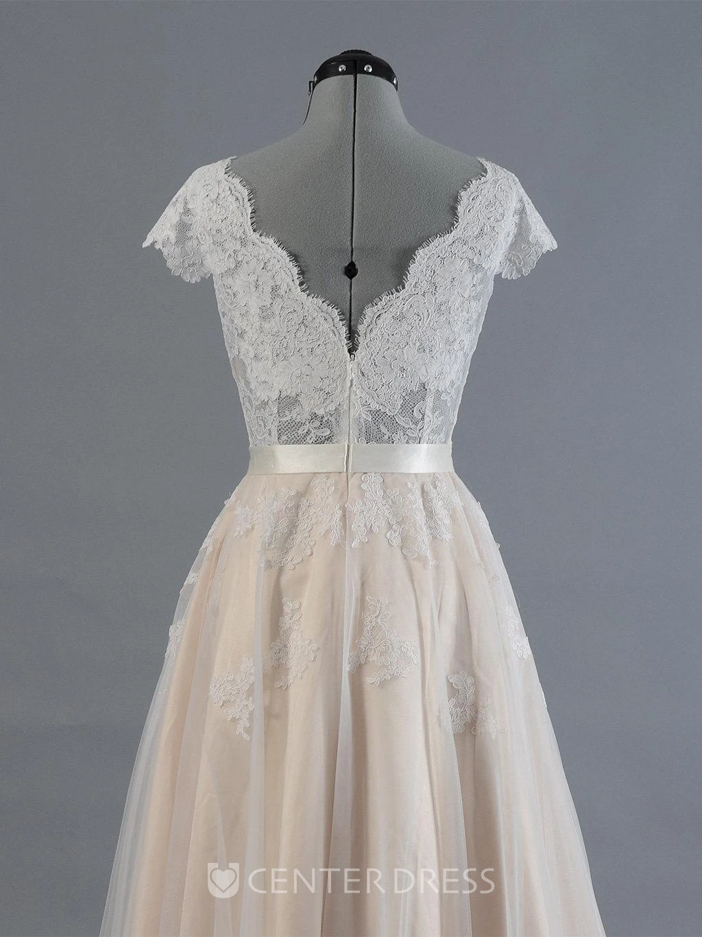Cap Sleeve V-Neck Lace Elegant Boho Warm Wedding Dress With Tulle Skirt and V-Back