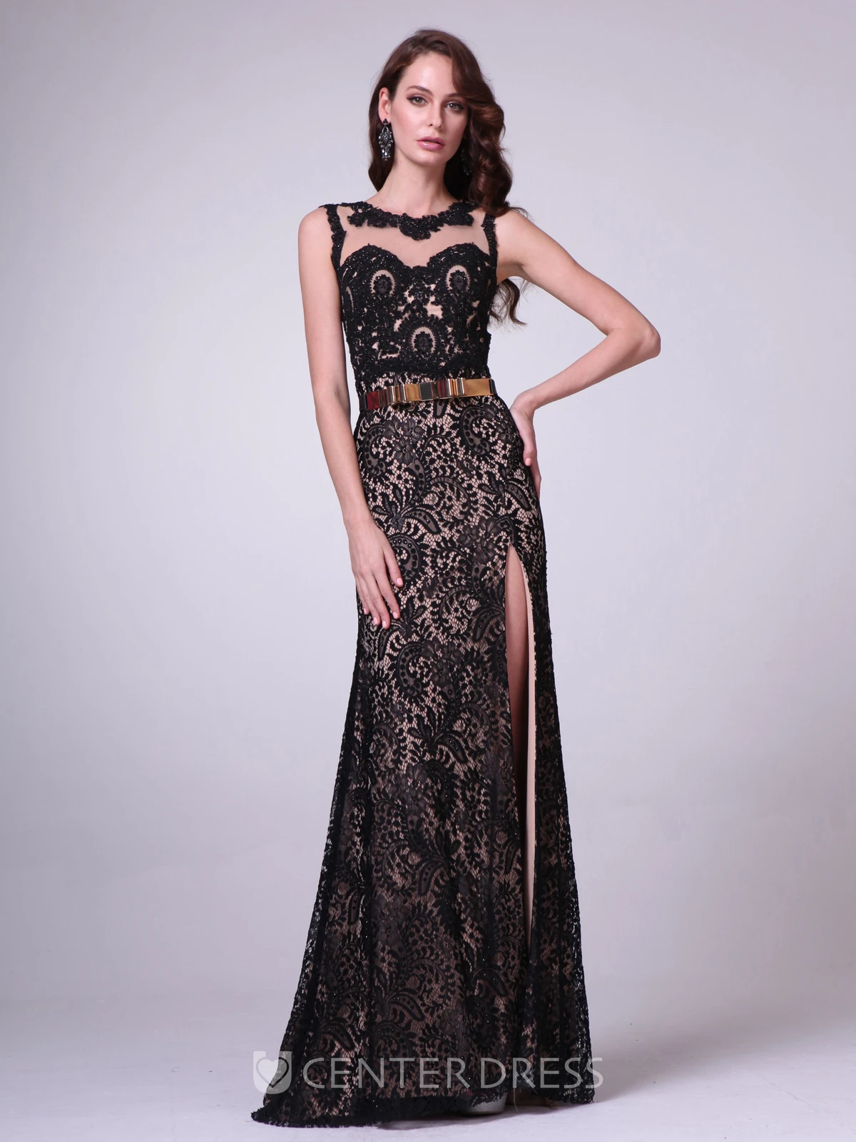 Sheath Maxi Jewel-Neck Sleeveless Lace Illusion Dress With Split Front