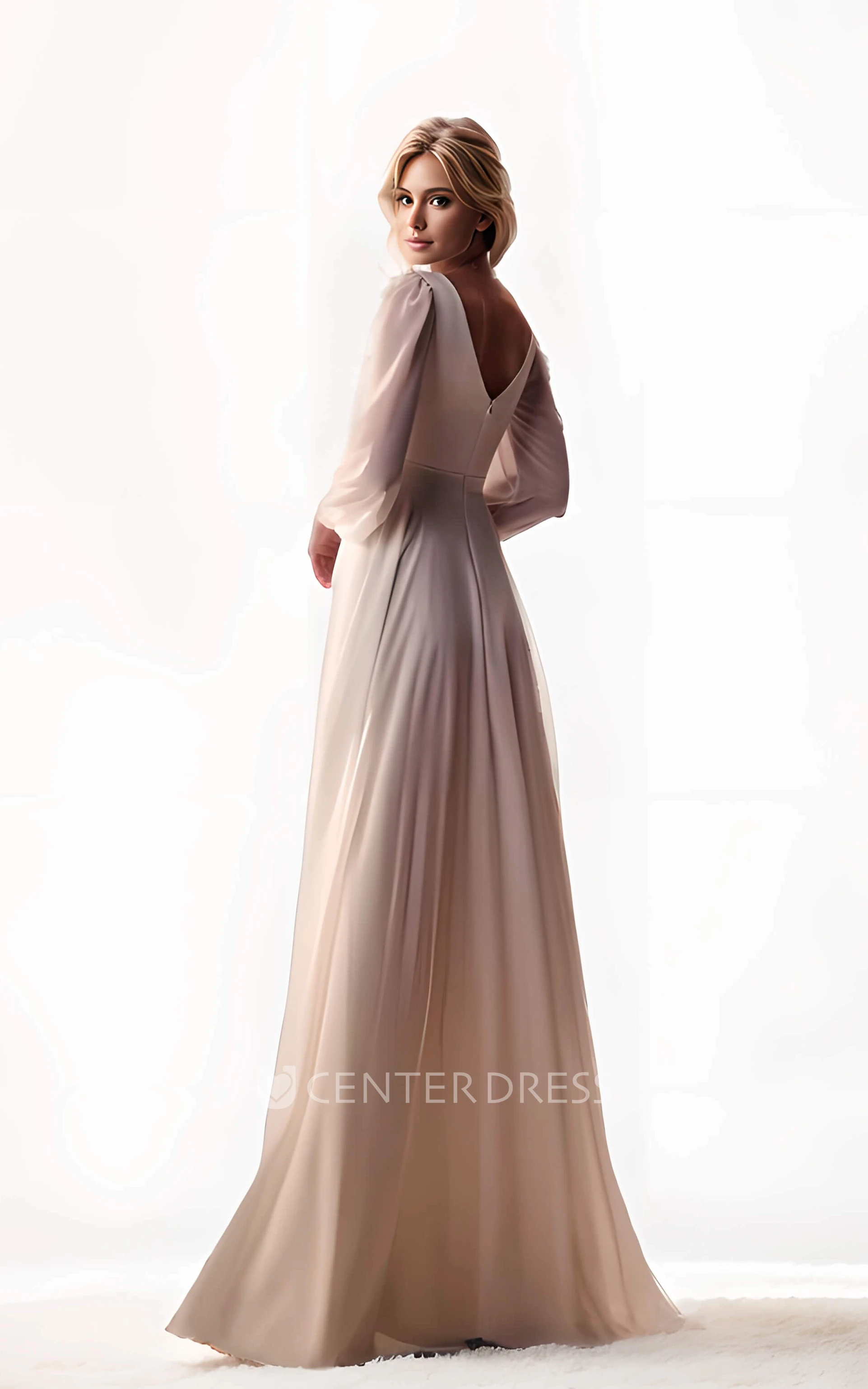 Flowy Modest V-Neck A-Line Long Sleeve Summer Maxi Wedding Dress Casual Minimalist Ruching Low Back Slit Reception Vow Renewal Dress for Bride