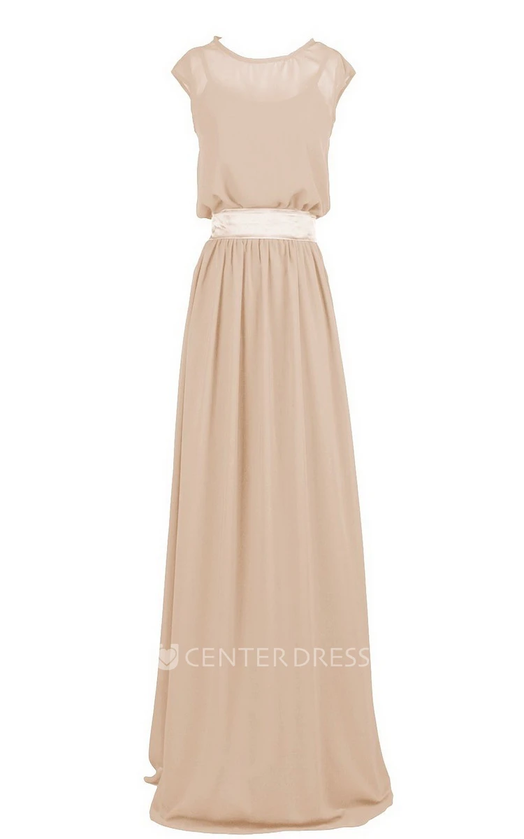 Cap-sleeved Long Chiffon Dress With Dropping