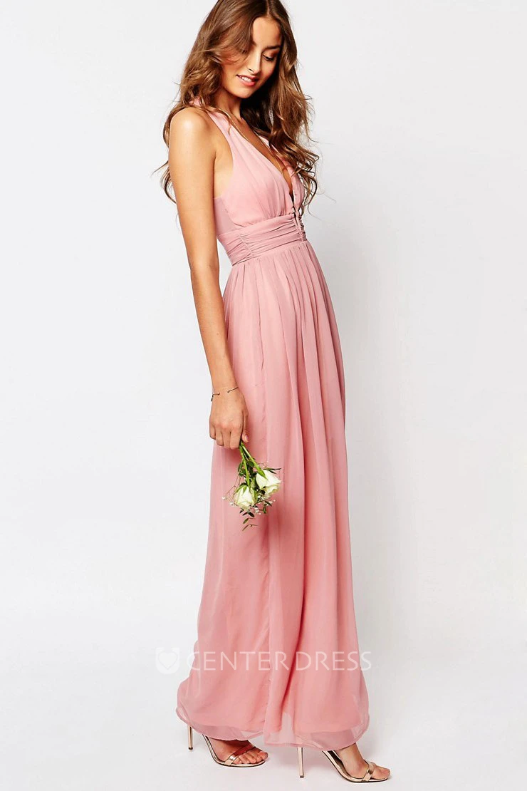 Ankle-Length Sleeveless V-Neck Pleated Chiffon Bridesmaid Dress With Straps