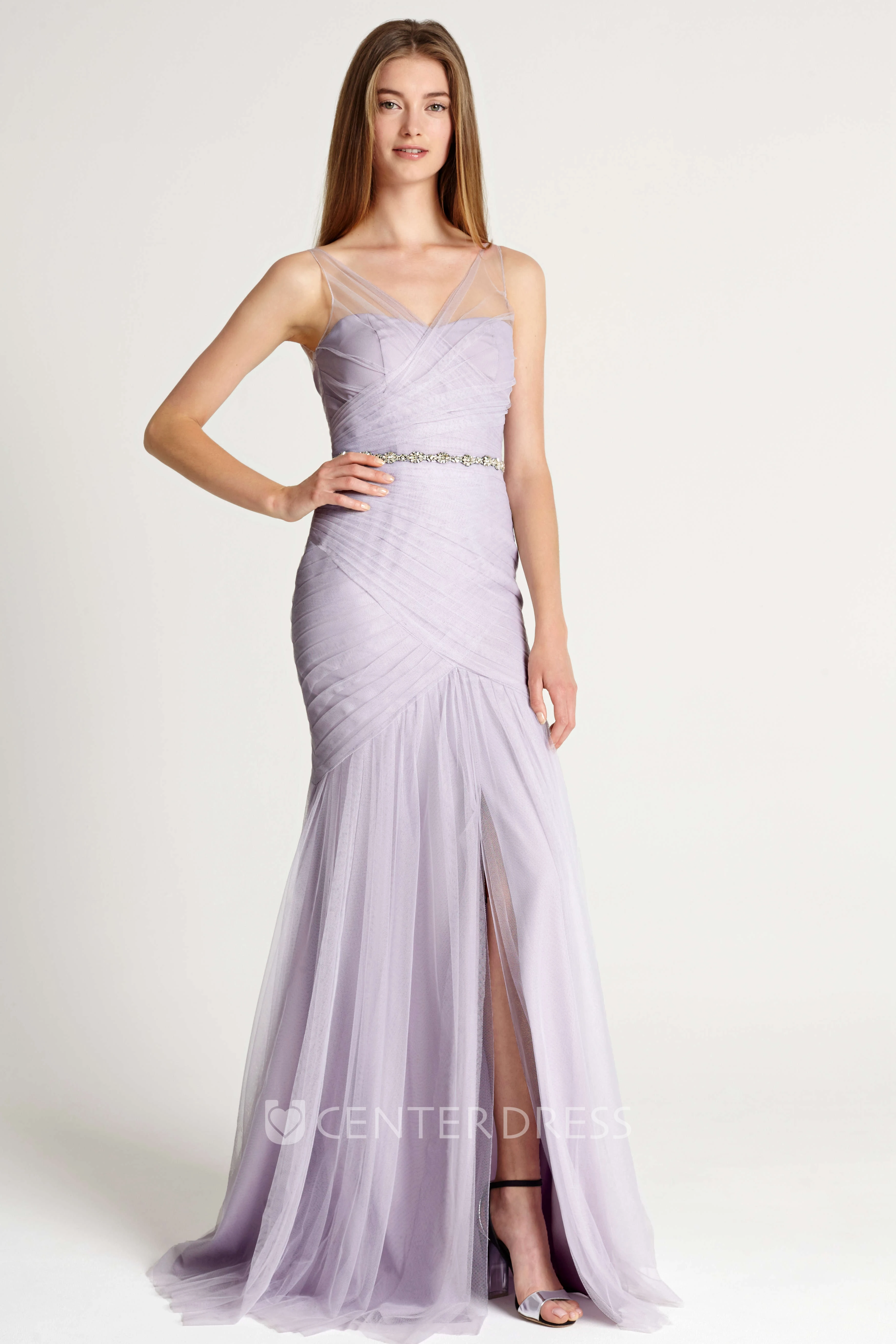 Mermaid Ruched V-Neck Sleeveless Tulle Bridesmaid Dress With Waist Jewellery