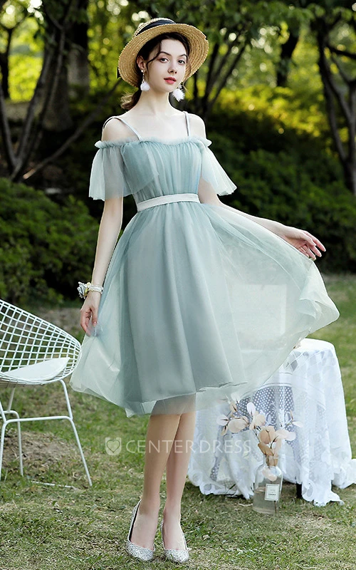Simple Tulle Off-the-Shoulder V-Neck a Line Midi Homecoming Dress with Ruching