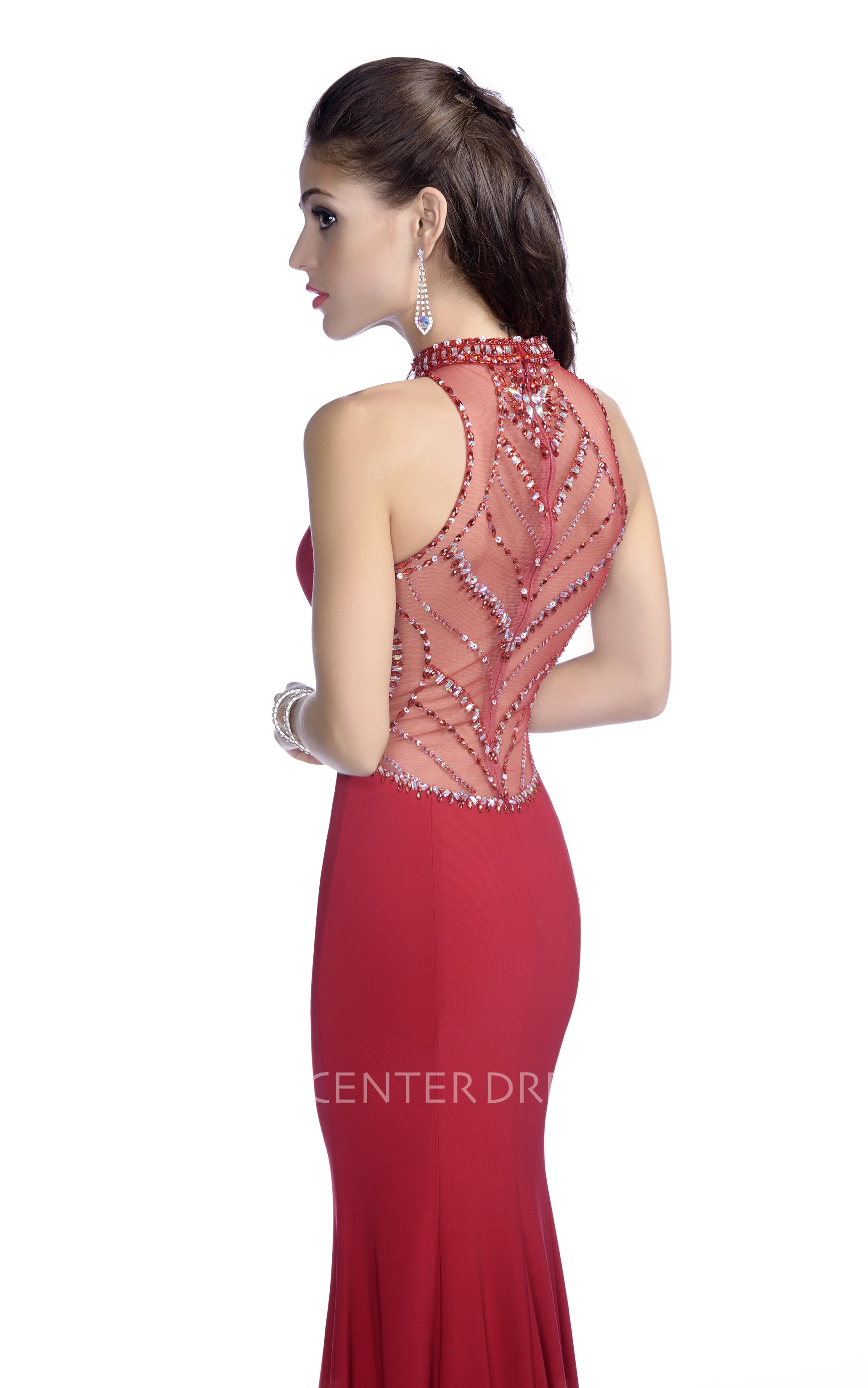 Elegant Jersey Sleeveless High Neck Prom Dress With Bling Rhinestones