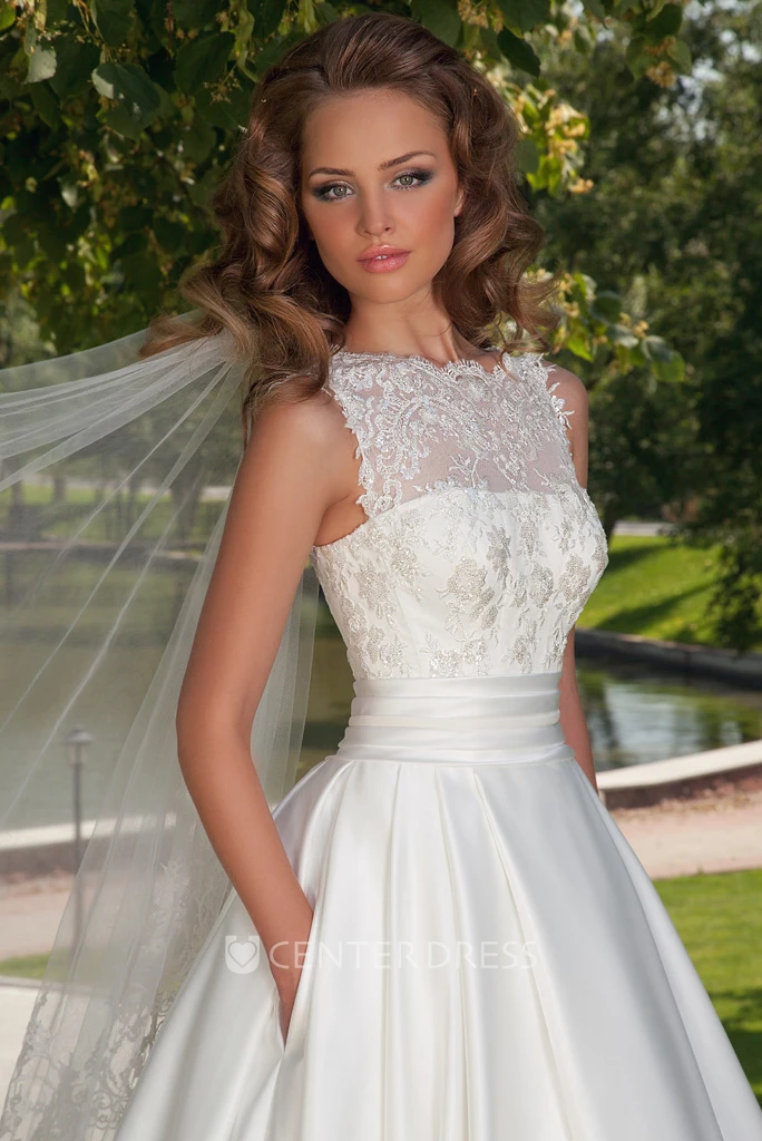 Ball-Gown Lace Jewel Sleeveless Floor-Length Satin Wedding Dress With Lace-Up Back And Bow