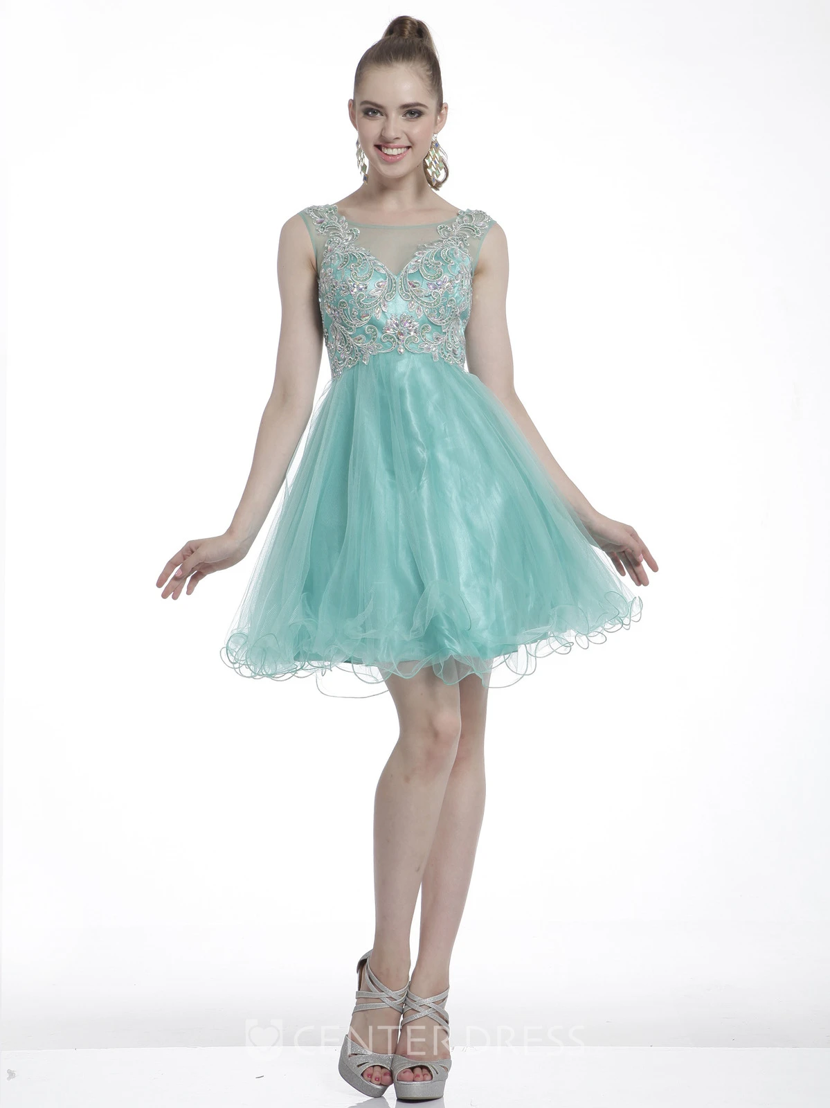 A-Line Long Bateau Sleeveless Tulle Satin Illusion Dress With Beading And Ruffles