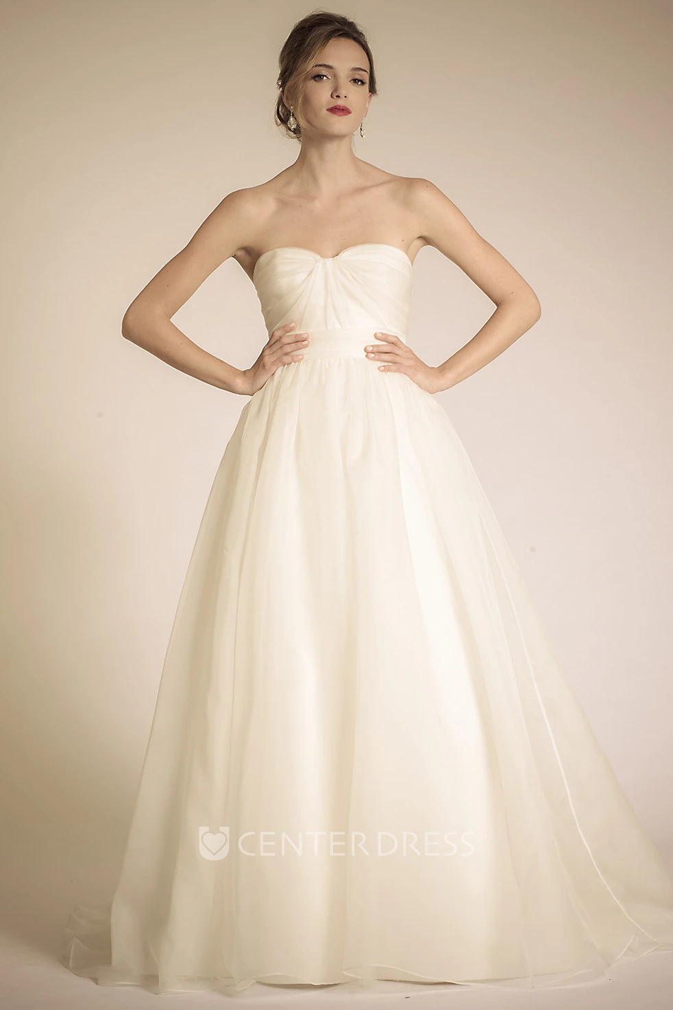 Ball Gown Empire Strapless Maxi Organza Wedding Dress With Ruching And Deep-V Back