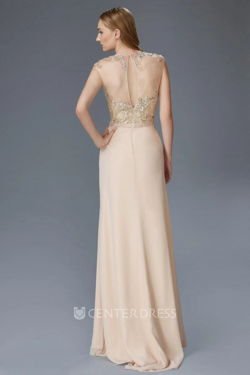 Sheath Jewel-Neck Cap-Sleeve Chiffon Illusion Dress With Beading And Lace