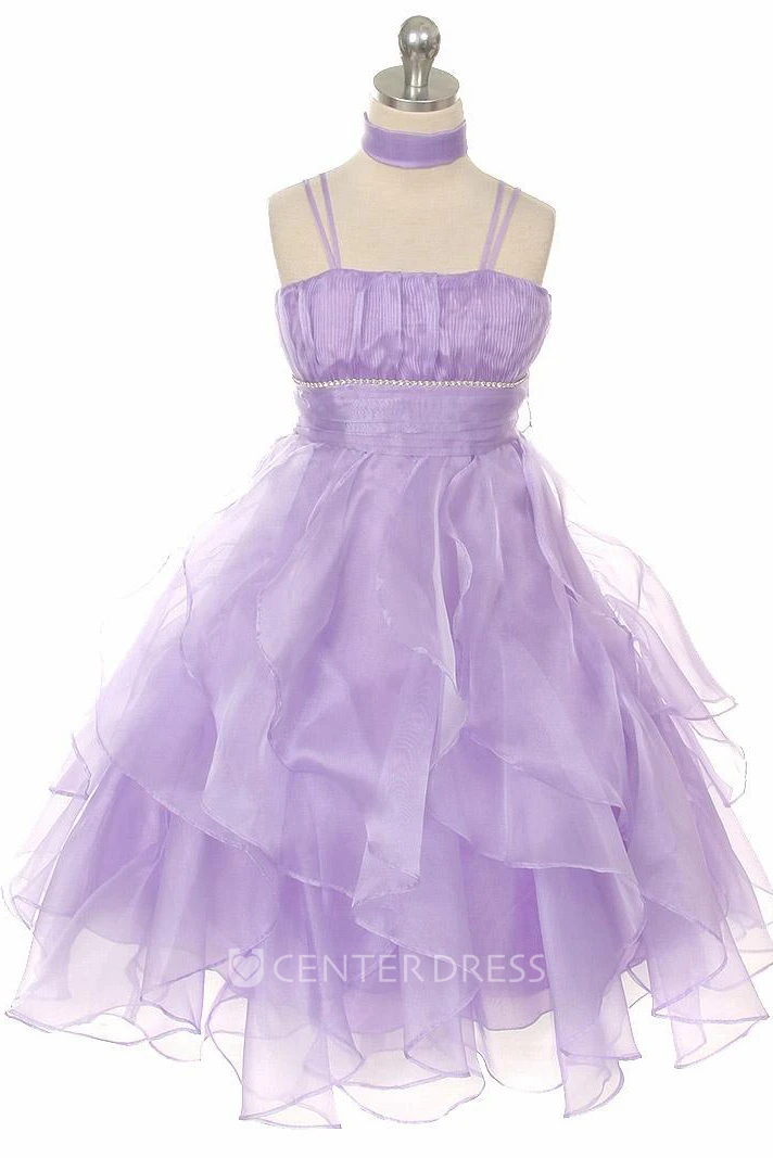 Ankle-Length Cape Empire Tiered Pleated Organza Flower Girl Dress With Sash