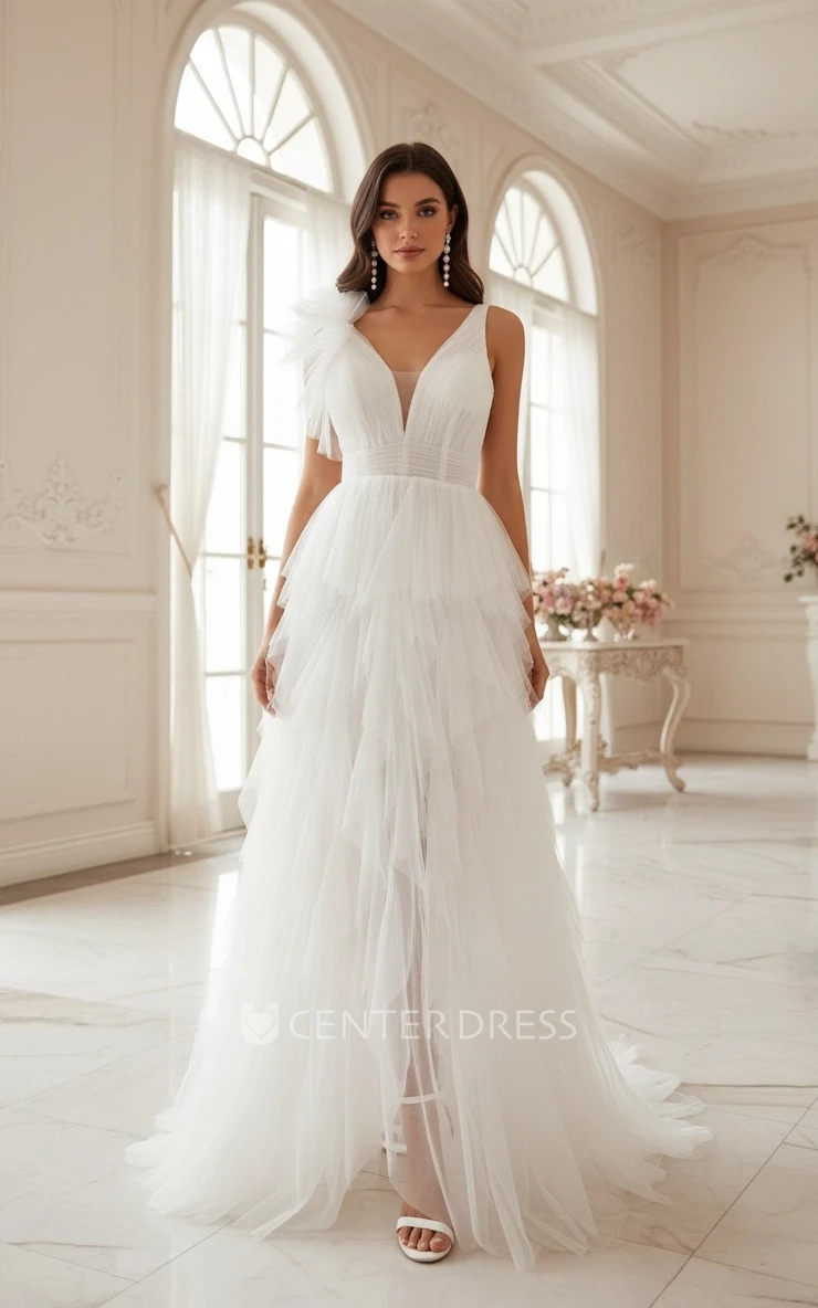 Romantic Ethereal Tulle A-Line Solid Wedding Dress Beach Sexy V-neck Floor-length Sleeveless Bridal Gown with Lace-up Back
