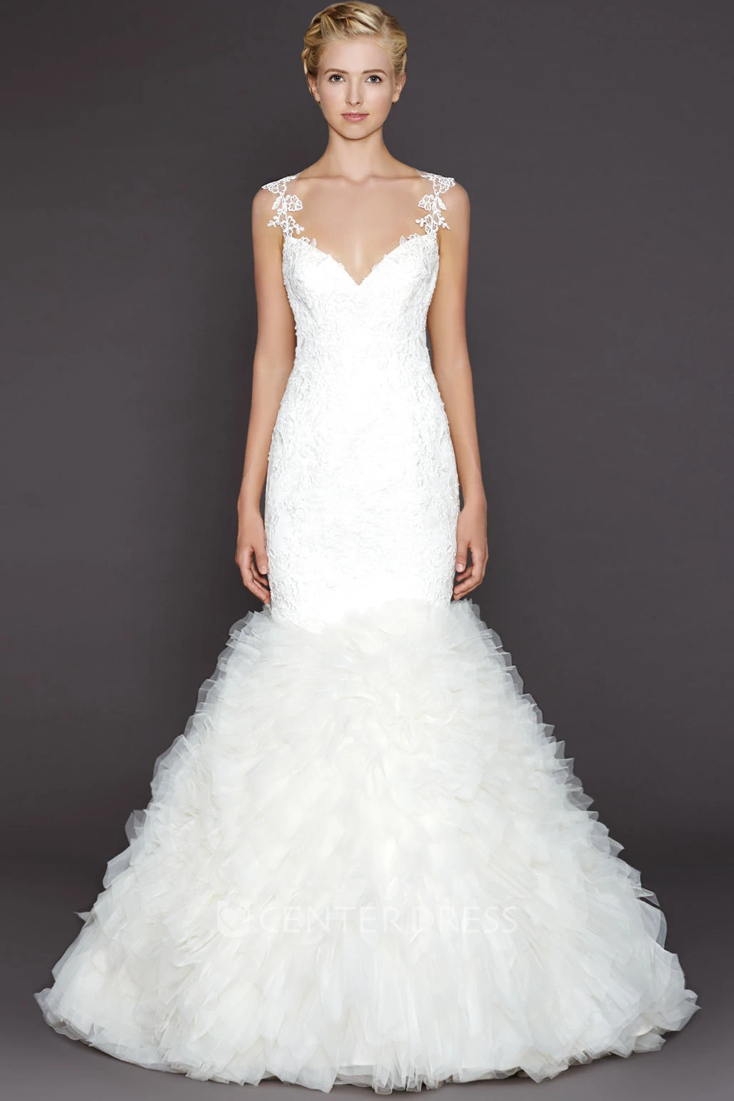 Mermaid Sleeveless Appliqued Floor-Length Spaghetti Lace Wedding Dress With Deep-V Back And Ruffles