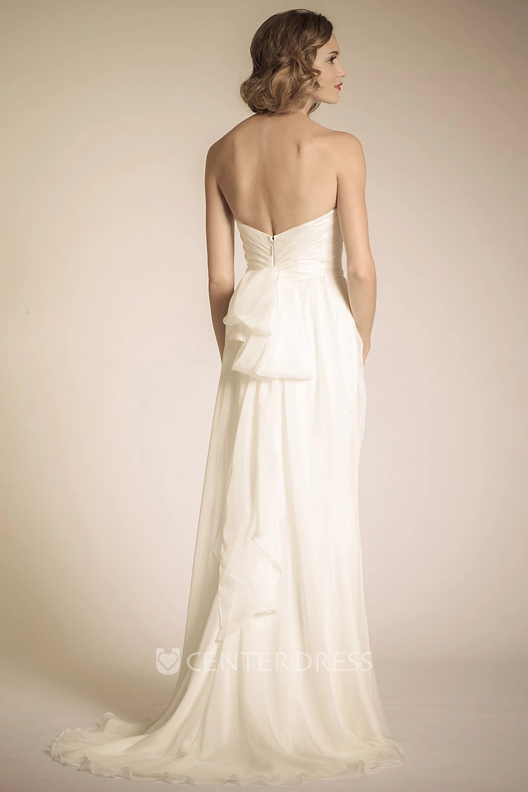 Sweetheart Maxi Ruched Chiffon Wedding Dress With Sweep Train And V Back