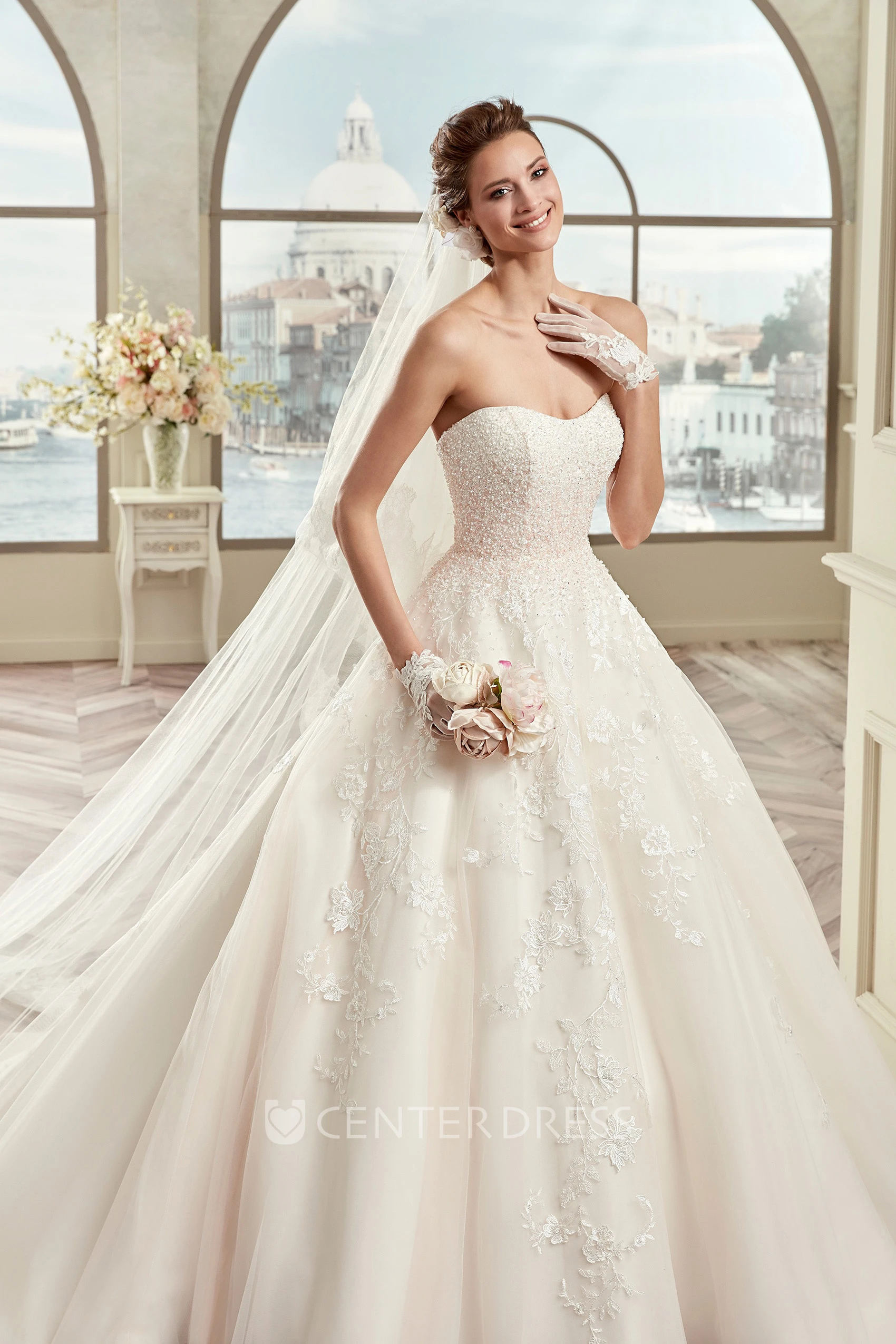 Sweetheart A-Line Beaded Bridal Gown With Floral Appliques And Open Back