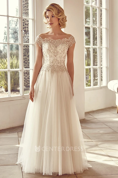 Off-The-Shoulder Maxi Short-Sleeve Beaded Tulle Wedding Dress