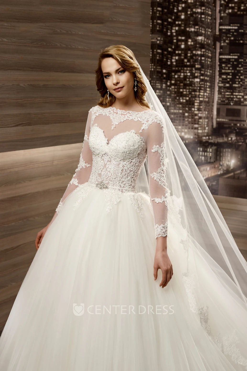 A-line Long-sleeve Wedding Gown with Lace Appliques Bodice and Brush Train