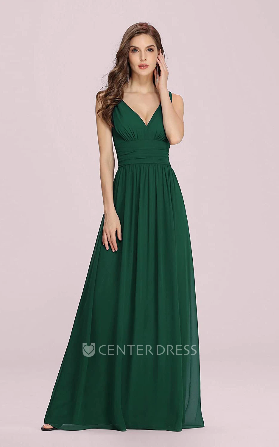 Romantic A Line Chiffon V-neck Sleeveless Prom Dress With Ruffles