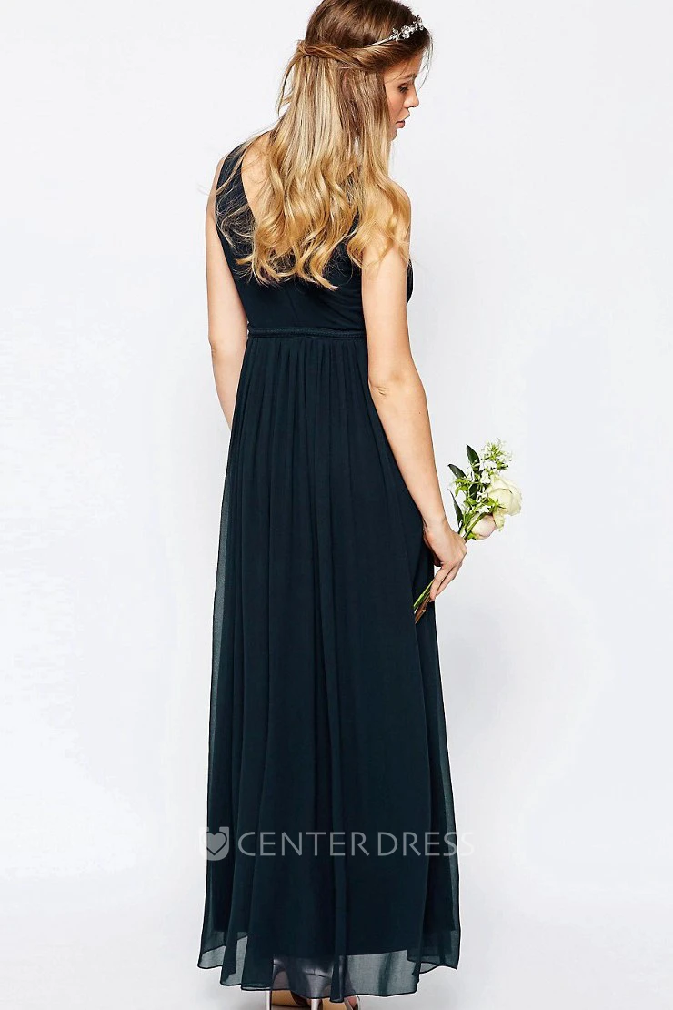 A-Line V-Neck Ankle-Length Pleated Sleeveless Chiffon Bridesmaid Dress
