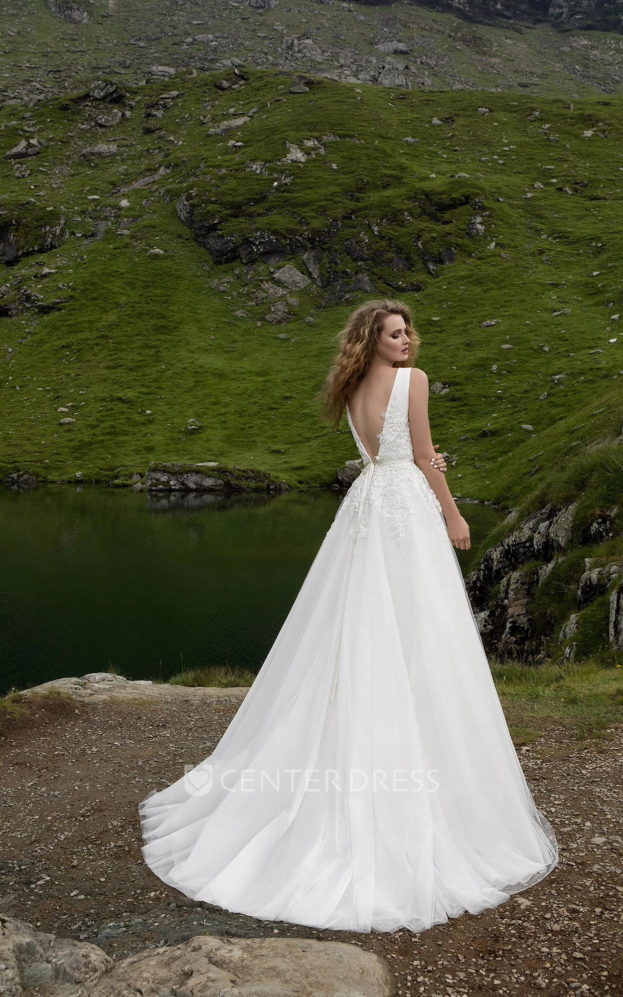 Sleeveless V-neck Appliques Tulle Dress With Low V Back