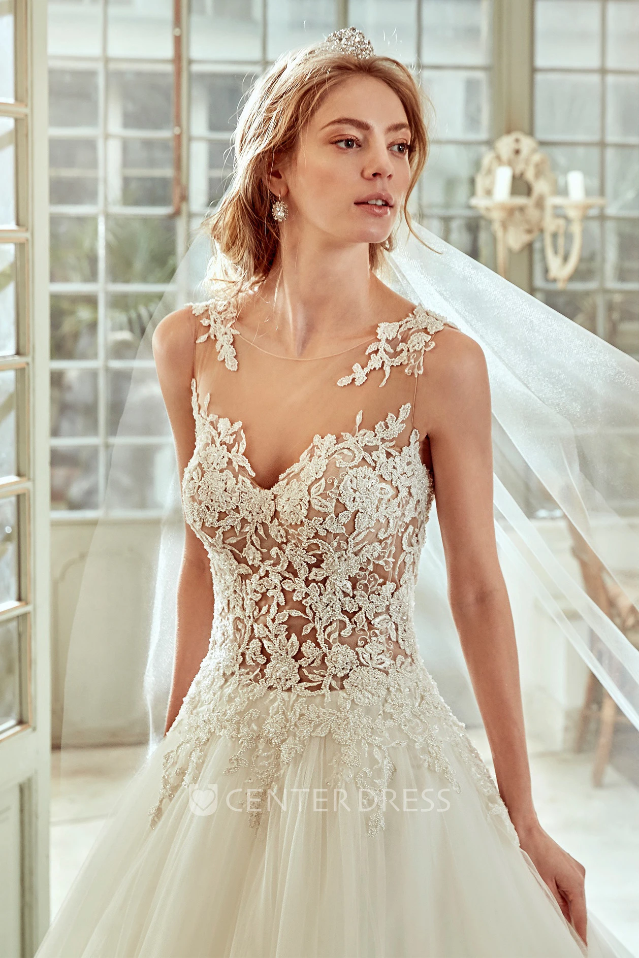 Jewel-Neck A-Line Gown With Illusive Bodice And Multi-Layer Tulle Skirt
