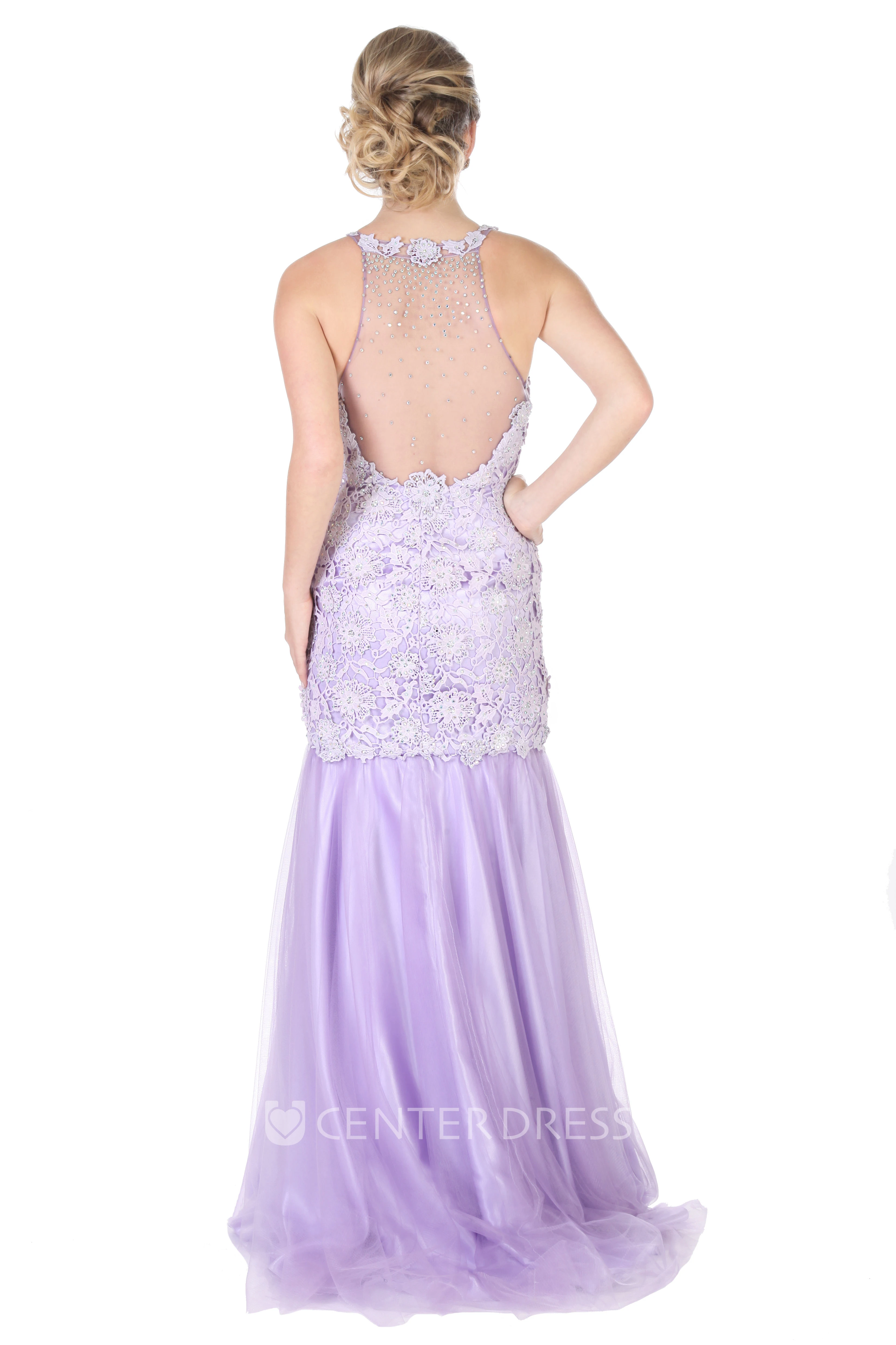Maxi Mermaid Appliqued High Neck Sleeveless Tulle Prom Dress