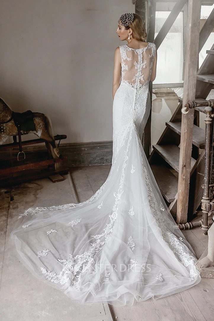 V-Neck Maxi Appliqued Lace Wedding Dress With Chapel Train And Illusion