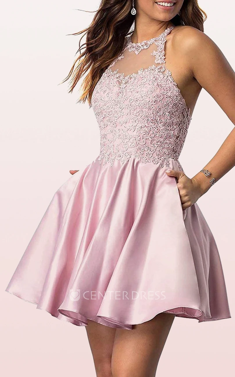 Adorable A Line Satin Lace Jewel Sleeveless Homecoming Dress with Pleats