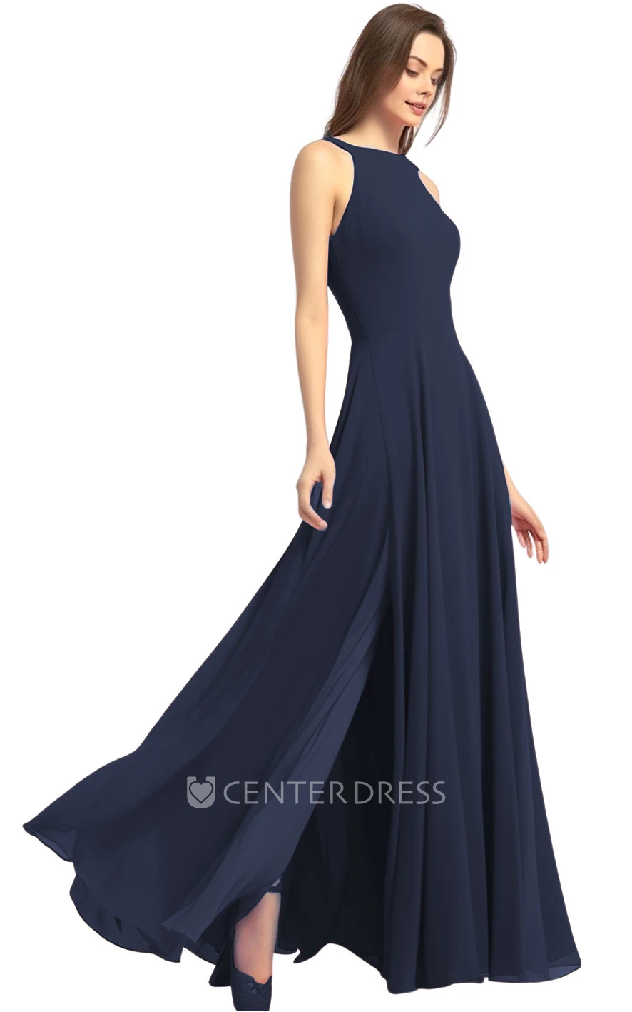 Casual A-Line Chiffon Bridesmaid Dress with Halter Neck and Split Front 2025 Simple