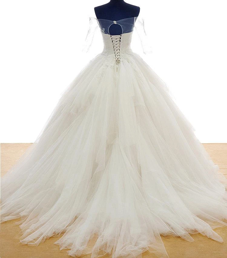 Lace Off Shoulder Long Sleeve Princess Style Bridal Ball Gown With Lace Up Back