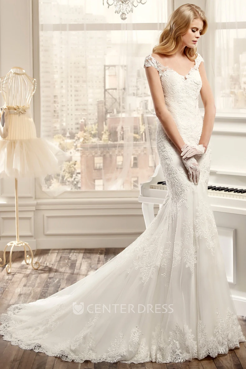 Sweetheart Cap-Sleeve Mermaid Wedding Dress With Appliques And Brush Train