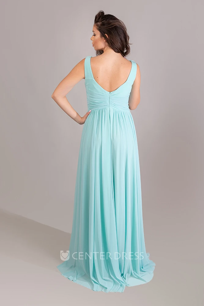 Casual Chiffon Sleeveless Floor-length A Line Formal Dress with Ruching