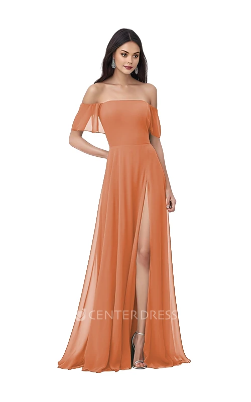 Bohemian Chiffon Off-Shoulder A-Line Bridesmaid Dress with Front Split Unique & Flowy