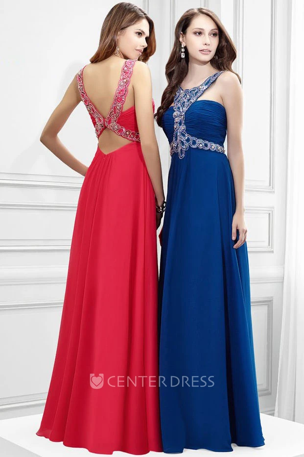 Scoop Neck Ruched Sleeveless Chiffon Prom Dress