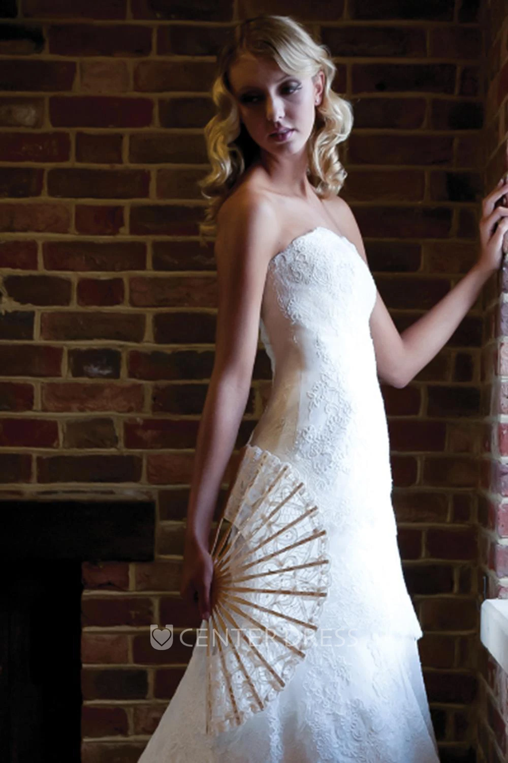 A-Line Long Appliqued Sleeveless Strapless Lace Wedding Dress With Tiers