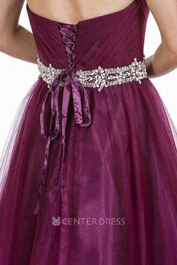 A-Line Strapless Sleeveless Maxi Ruched Tulle Prom Dress With Lace-Up Back And Waist Jewellery
