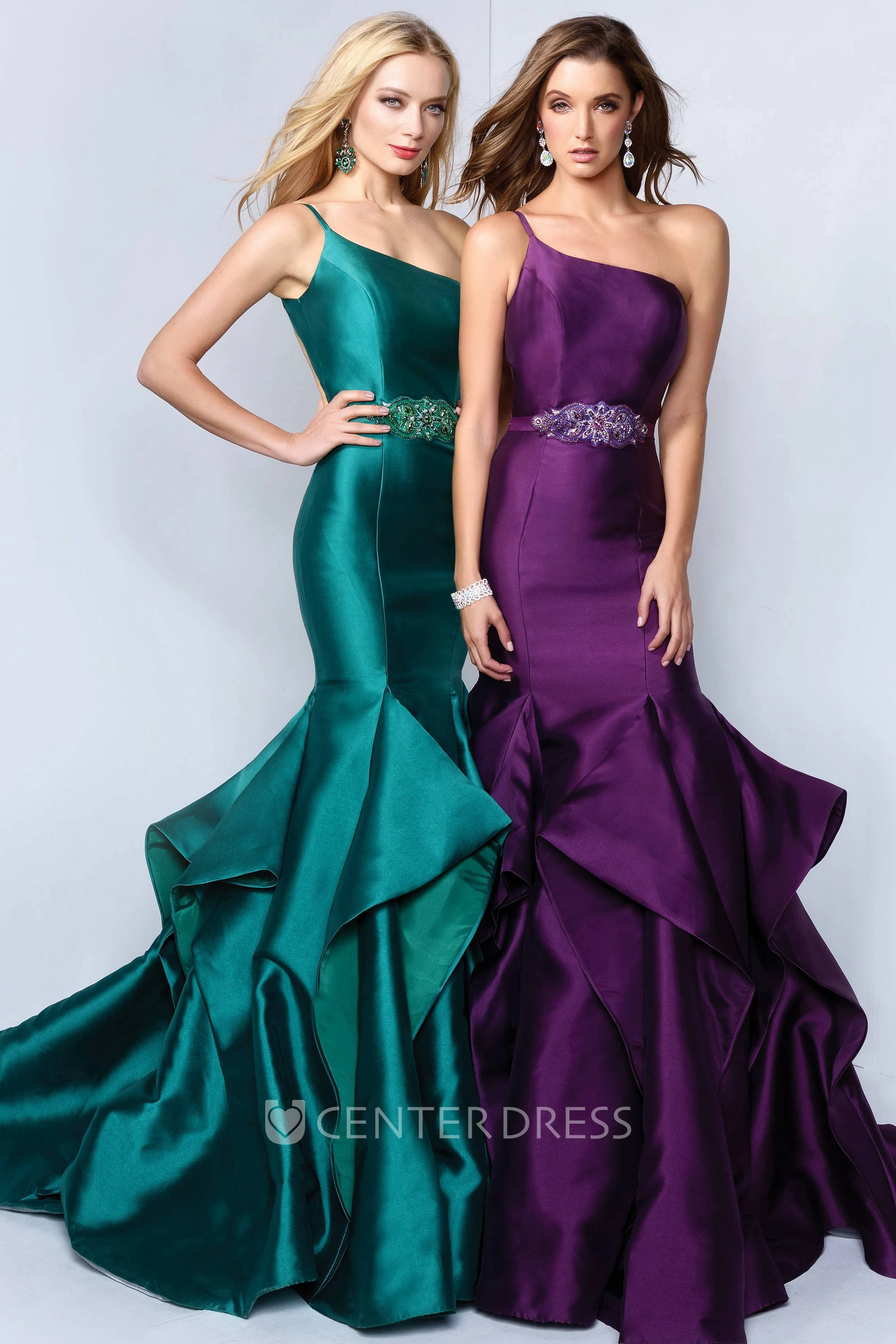 Trumpet One-Shoulder Sleeveless Satin Dress With Draping And Waist Jewellery