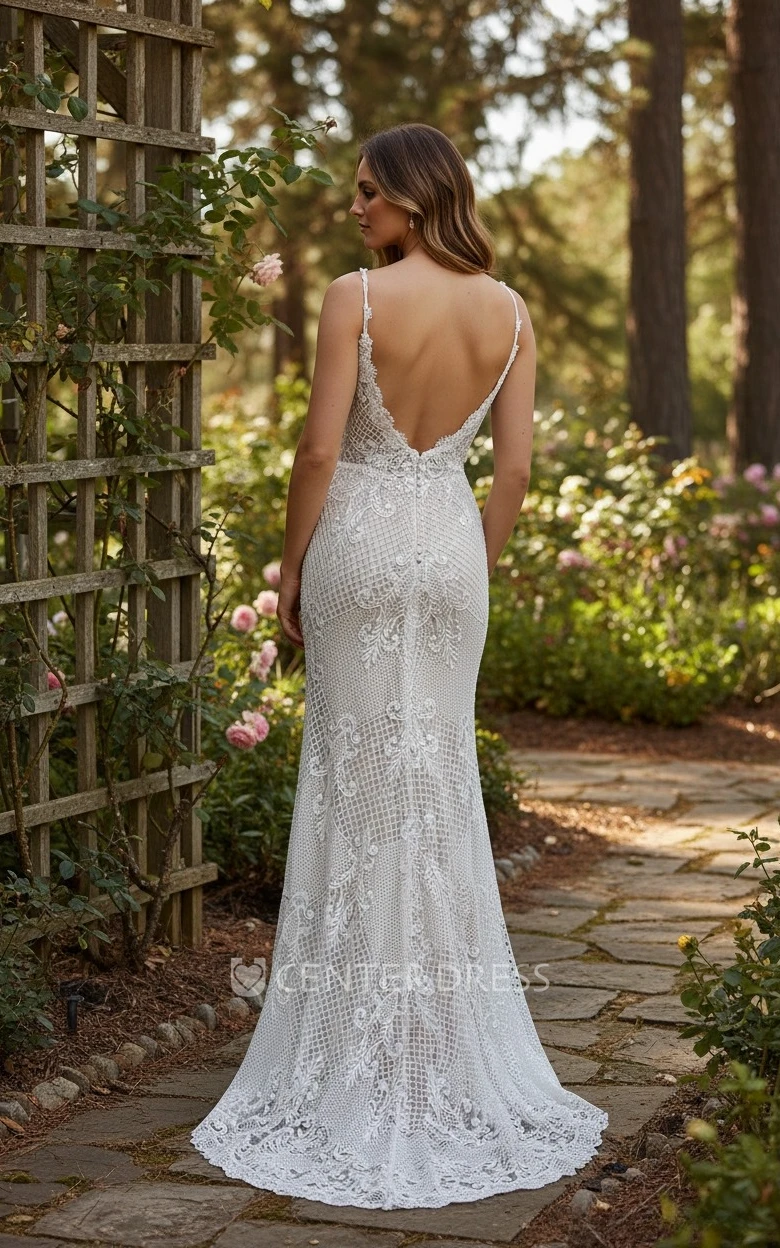 Chic Vintage Boho Lace Fit and Flare Warm Wedding Dress Beach Country Rustic V-Neck Low Back Pearl Button Embroidered Bridal Gown