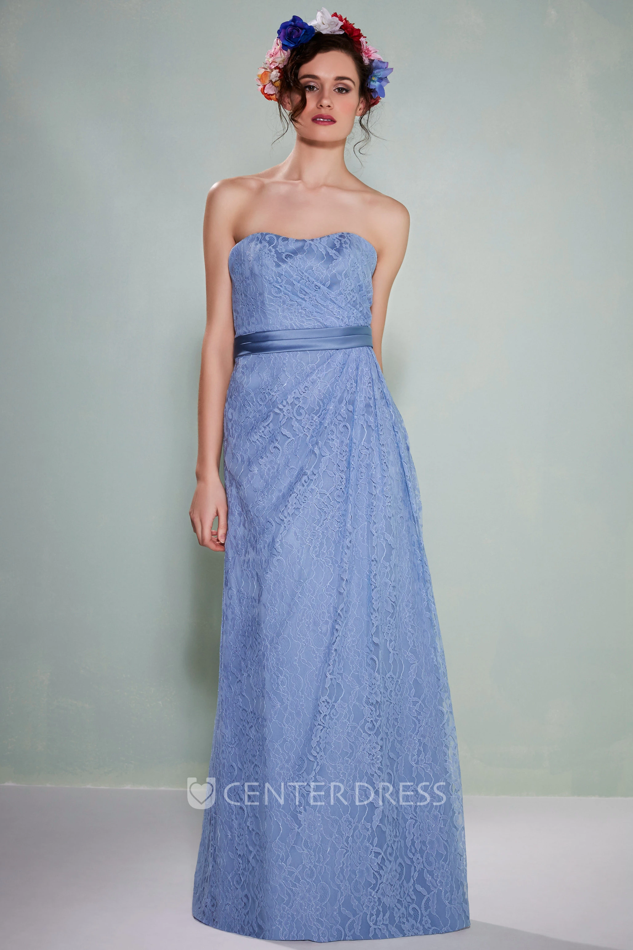 Floor-Length Side-Draped Strapless Lace Bridesmaid Dress With Low-V Back