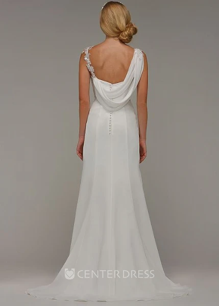 Sheath Appliqued Long V-Neck Sleeveless Chiffon Wedding Dress With Draping And Ruching
