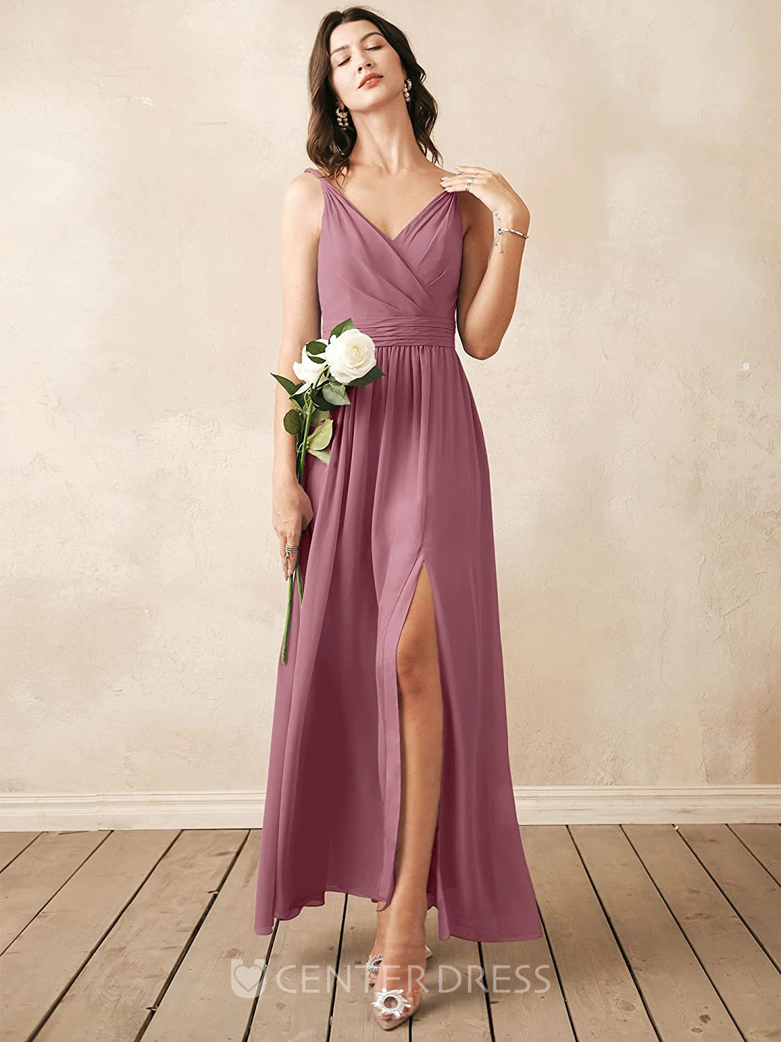 Sexy Chiffon Ankle-length V-neck A Line Sleeveless Bridesmaid Dress With Ruching