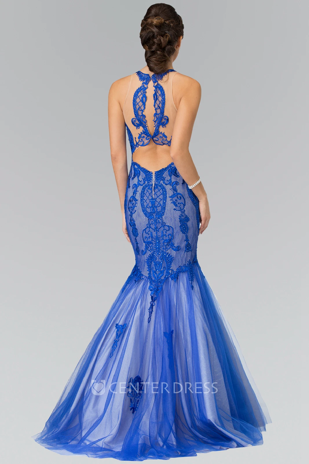 Mermaid Jewel-Neck Sleeveless Tulle Illusion Dress With Lace And Appliques