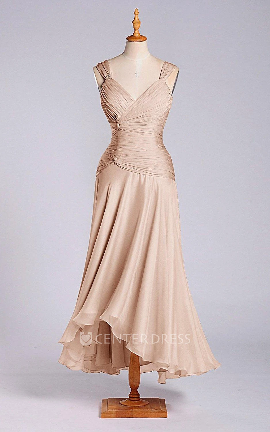 Sleeveless V-neck Tea-length Chiffon Dress with Ruching