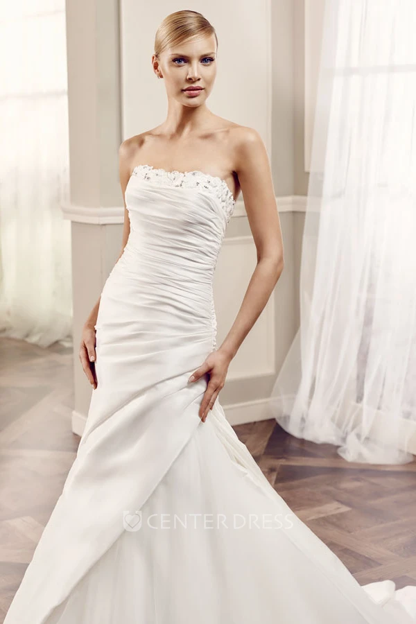 Mermaid Floor-Length Side-Draped Sleeveless Strapless Satin Spring Wedding Dress With Backless Style And Beading