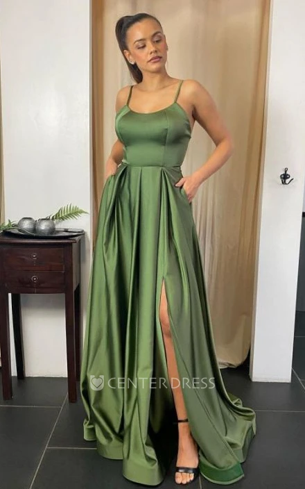 Satin Simple A-Line Spaghetti Beach Evening Dress With Open Back And Sweep Train